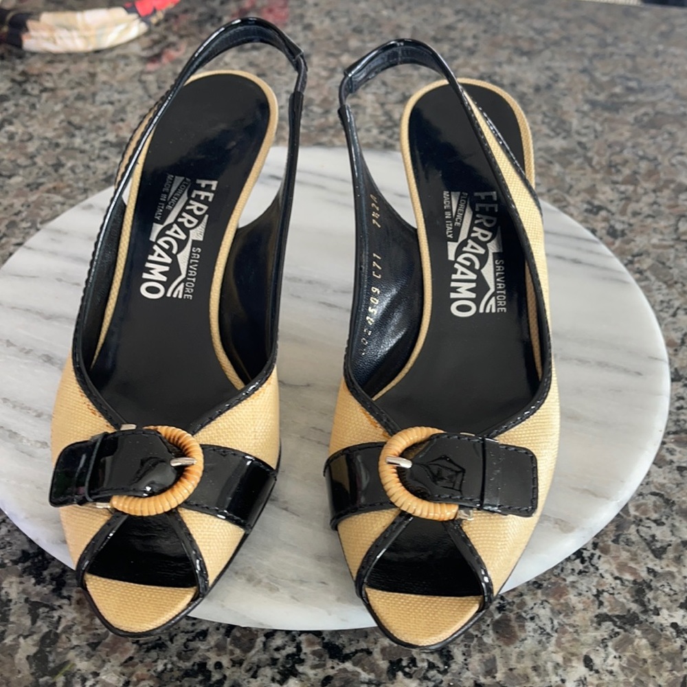 Salvatore ferragamo heels size 7.5 tan and black